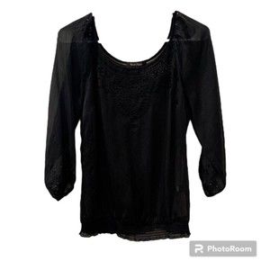 White House Black Market Womens Black Sheer Embroidered Neck Long Sleeve Top XS